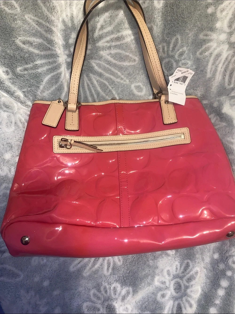 Coach Pink Patent Leather Tote with Tan Handles